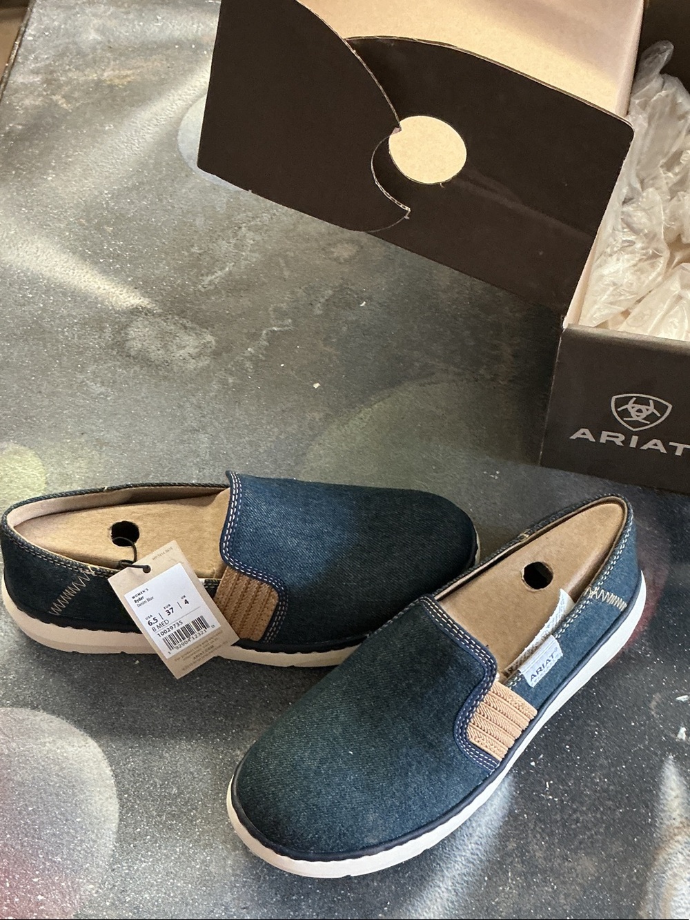 Ariat Denim Blue Slip-On Loafers with Tan Elastic Panels